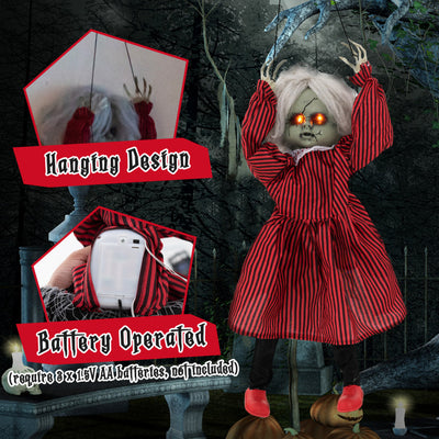 2.8 FT Halloween Animated Creepy Doll on a Swing with Pre-Recorded Phrases and LED Glowing Eyes