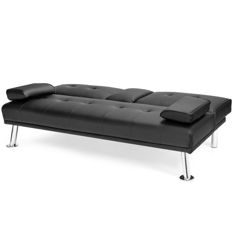 Convertible Folding Leather Futon Sofa with Cup Holders and Armrests--Black