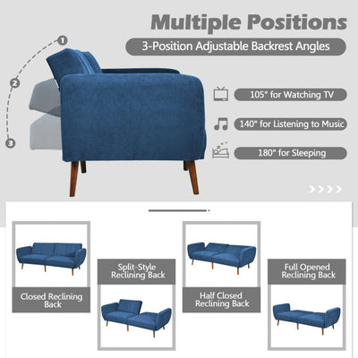 Convertible Futon Sofa Bed Adjustable Couch Sleeper with Wood Legs--Navy Blue