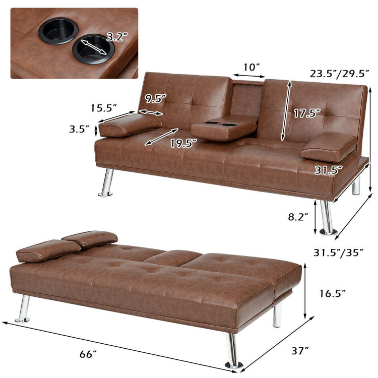 Convertible Folding Leather Futon Sofa with Cup Holders and Armrests--Brown