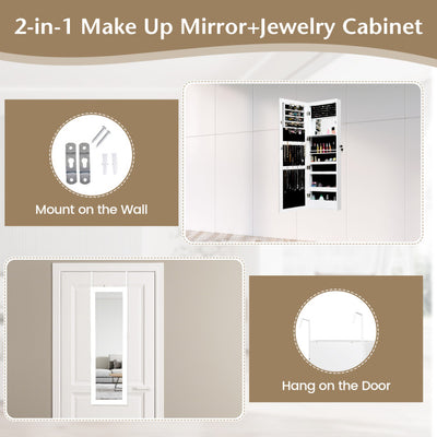 Lockable Wall Door Mounted Mirror Jewelry Cabinet with LED Lights