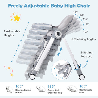 Baby Folding Convertible High Chair with Wheels and Adjustable Height