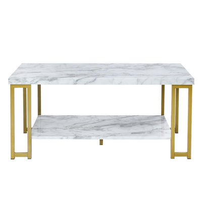 2-Tier Rectangular Modern Coffee Table with Gold Print Metal Frame