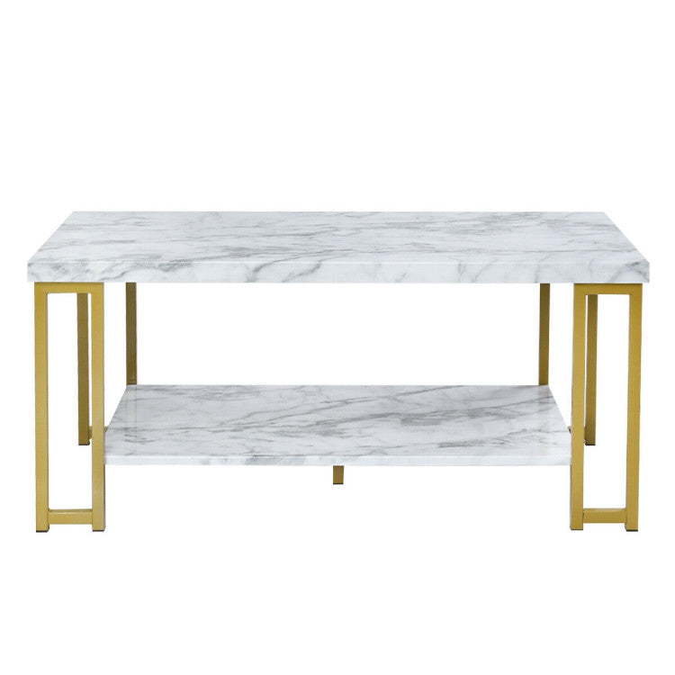 2-Tier Rectangular Modern Coffee Table with Gold Print Metal Frame