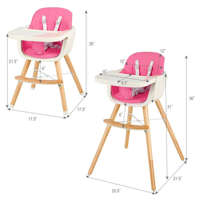 3 in 1 Convertible Cushioned Wooden Baby High Chair with Cushion