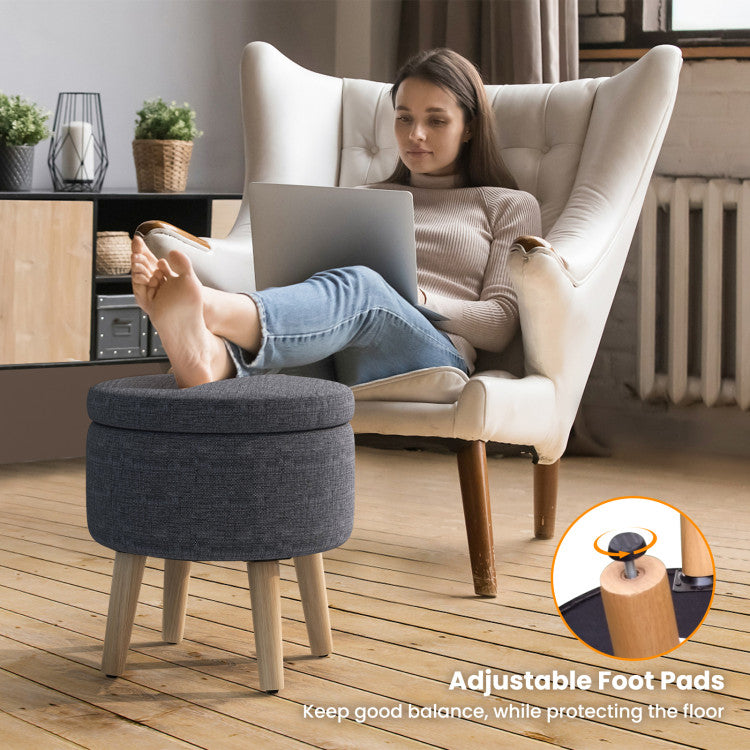 Round Storage Ottoman with Rubber Wood Legs and Adjustable Foot Pads--Gray