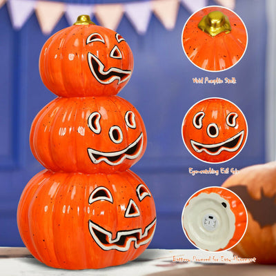 Halloween 3-Tier Color-Changing Lighted Ceramic Pumpkin Lantern