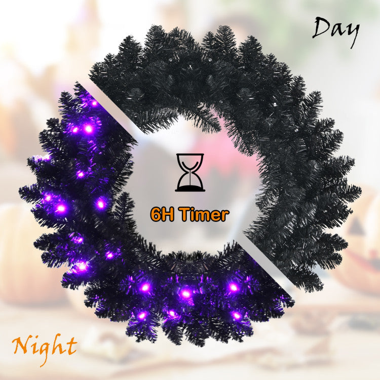 24 Inch Pre-lit Halloween Wreath with 35 Purple LED Lights