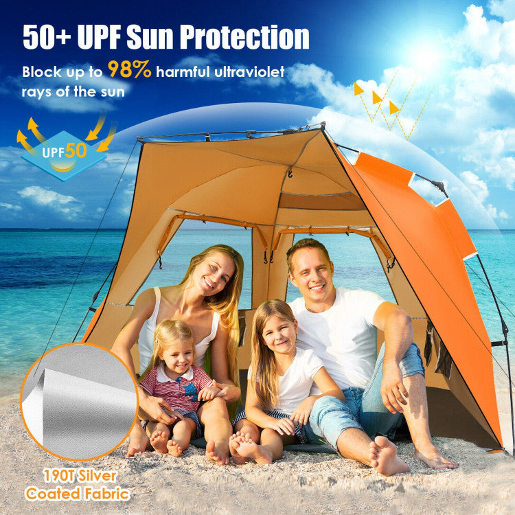 3-4 Person Easy Pop-Up Beach Tent UPF 50+ Portable Sun Shelter--Orange