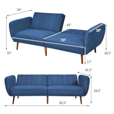 Convertible Futon Sofa Bed Adjustable Couch Sleeper with Wood Legs--Navy Blue