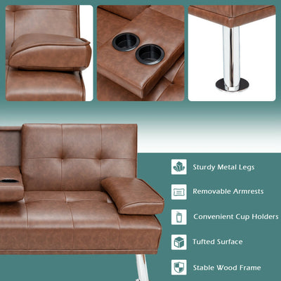 Convertible Folding Leather Futon Sofa with Cup Holders and Armrests--Brown