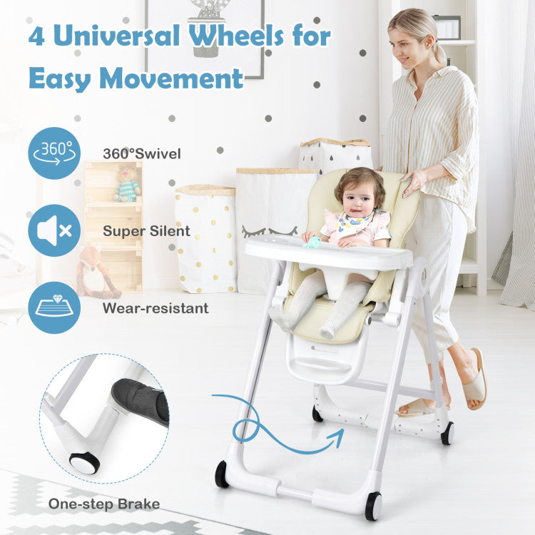 Baby Folding Convertible High Chair with Wheels and Adjustable Height