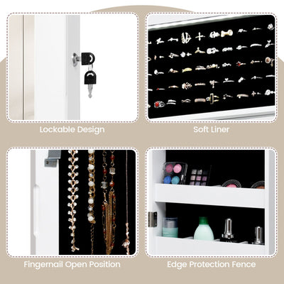 Lockable Wall Door Mounted Mirror Jewelry Cabinet with LED Lights