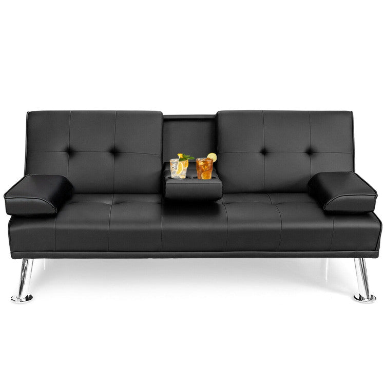 Convertible Folding Leather Futon Sofa with Cup Holders and Armrests--Black