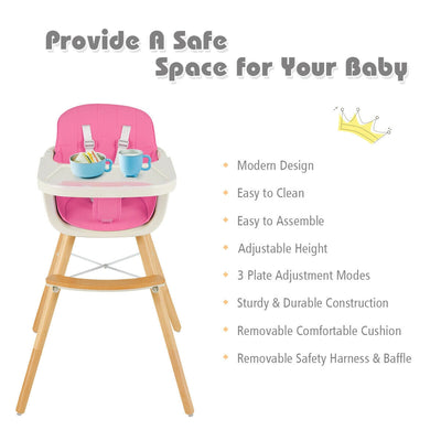 3 in 1 Convertible Cushioned Wooden Baby High Chair with Cushion