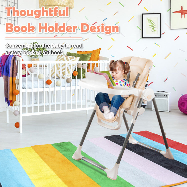 Foldable Baby High Chair with Double Removable Trays and Book Holder