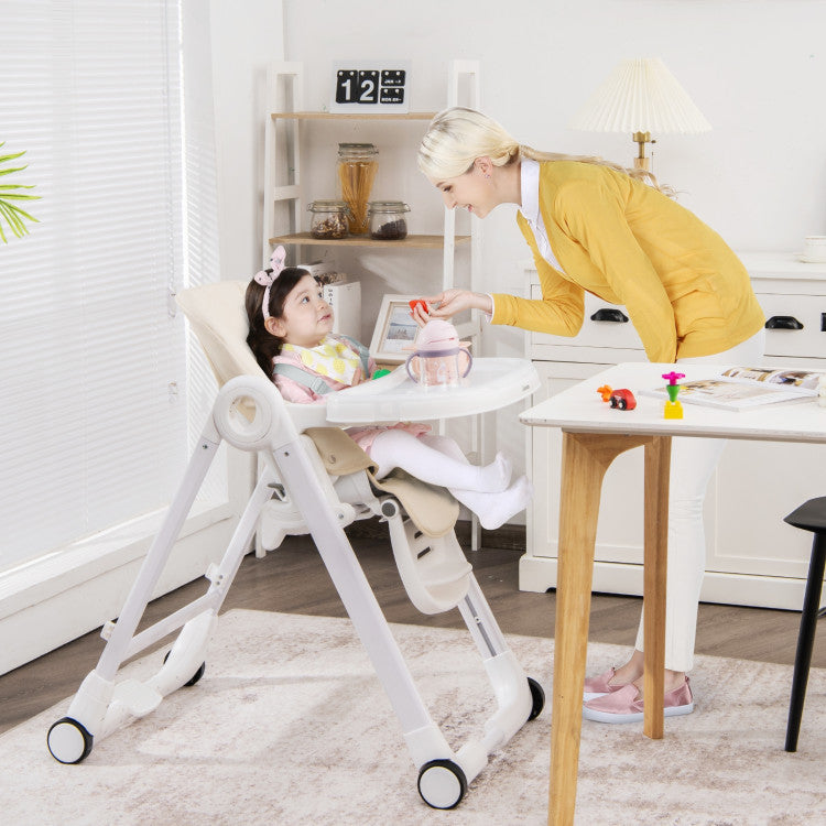 Baby Folding Convertible High Chair with Wheels and Adjustable Height