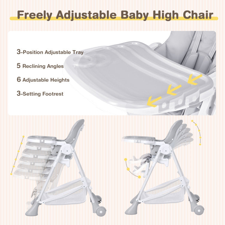 Baby Folding Chair with Wheel Tray Storage Basket