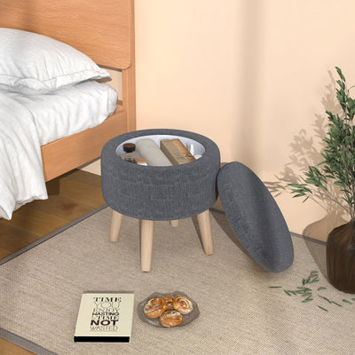 Round Storage Ottoman with Rubber Wood Legs and Adjustable Foot Pads--Gray