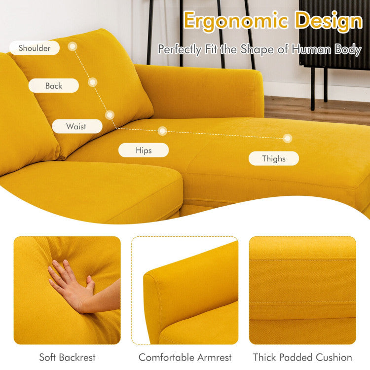 L-Shaped Fabric Sectional Sofa with Chaise Lounge and Solid Wood Legs--Yellow