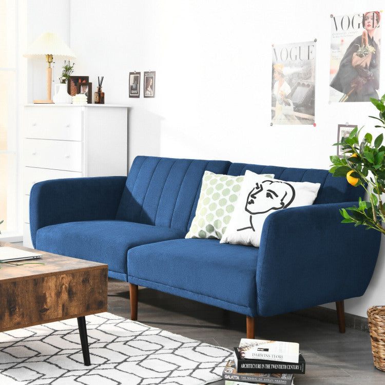 Convertible Futon Sofa Bed Adjustable Couch Sleeper with Wood Legs--Navy Blue