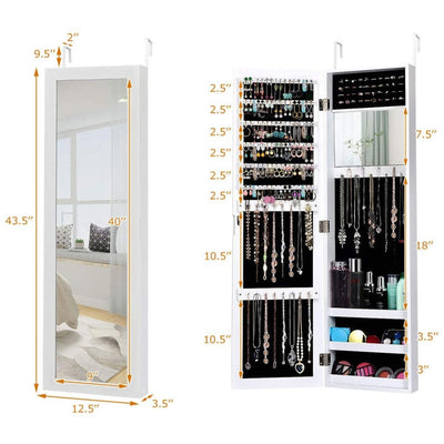 Full Length Mirror Jewelry Cabinet with Ring Slots and Necklace Hooks