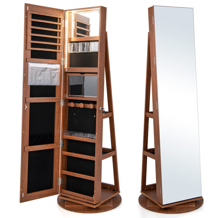 360° Rotating Mirrored Jewelry Cabinet Armoire 3 Color LED Modes Lockable