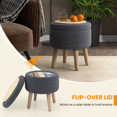 Round Storage Ottoman with Rubber Wood Legs and Adjustable Foot Pads--Gray