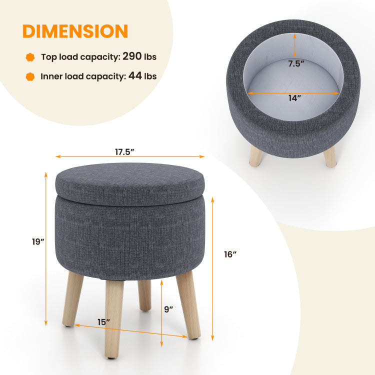 Round Storage Ottoman with Rubber Wood Legs and Adjustable Foot Pads--Gray