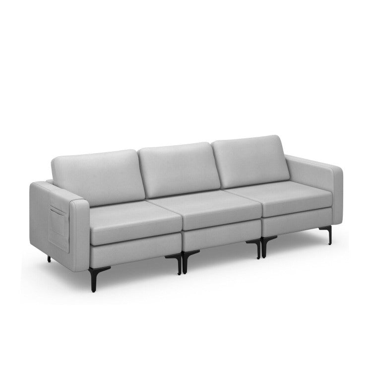 3-Seat Sectional Sofa Couch with Armrest Magazine Pocket and Metal Leg--Light Gray