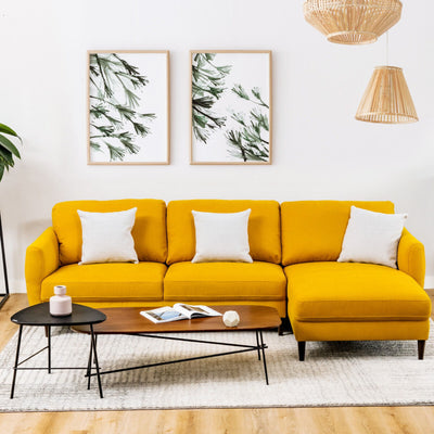 L-Shaped Fabric Sectional Sofa with Chaise Lounge and Solid Wood Legs--Yellow