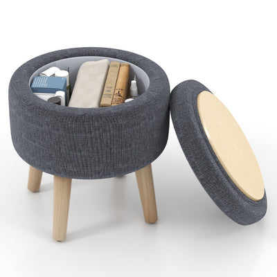 Round Storage Ottoman with Rubber Wood Legs and Adjustable Foot Pads--Gray