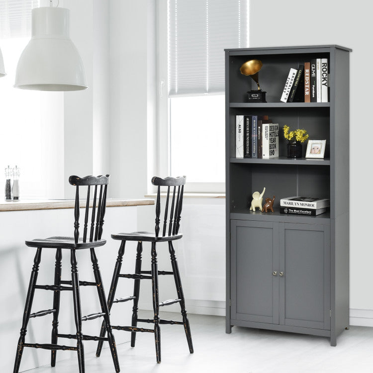 Standing Wooden Bookcase with  3 Tier Open Book Shelving and Double Doors