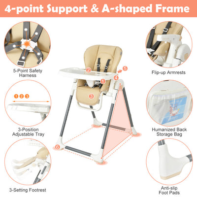 Foldable Baby High Chair with Double Removable Trays and Book Holder