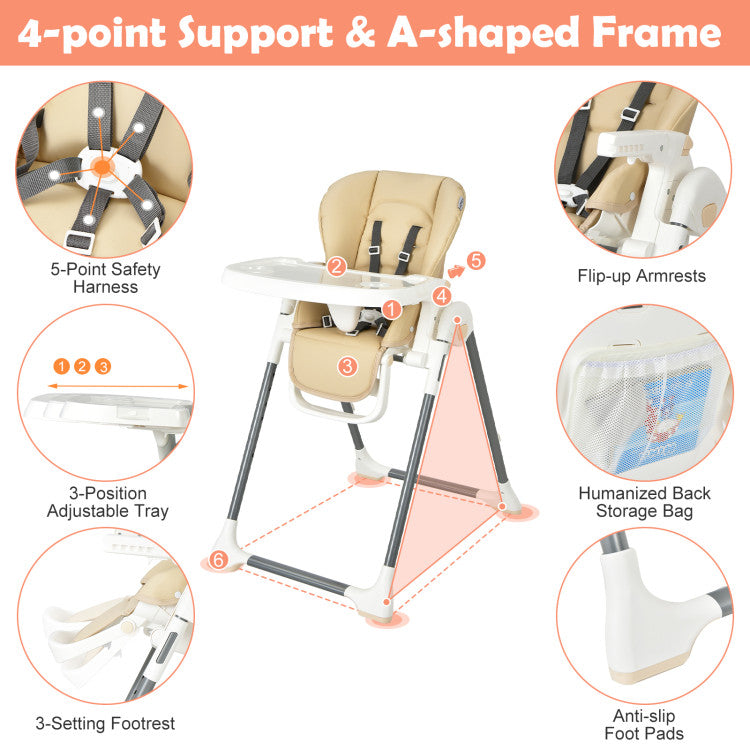 Foldable Baby High Chair with Double Removable Trays and Book Holder