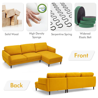 L-Shaped Fabric Sectional Sofa with Chaise Lounge and Solid Wood Legs--Yellow