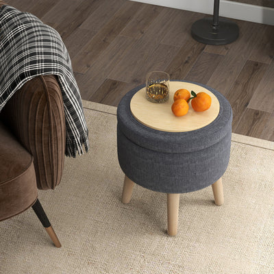 Round Storage Ottoman with Rubber Wood Legs and Adjustable Foot Pads--Gray