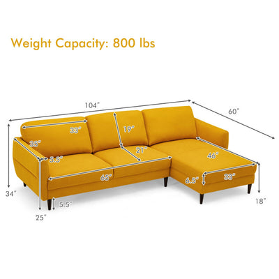 L-Shaped Fabric Sectional Sofa with Chaise Lounge and Solid Wood Legs--Yellow