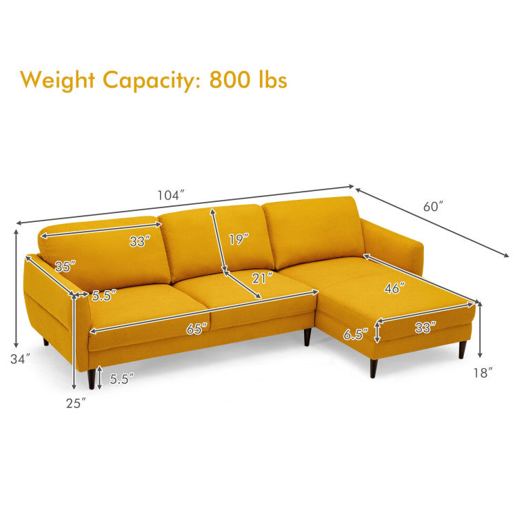 L-Shaped Fabric Sectional Sofa with Chaise Lounge and Solid Wood Legs--Yellow