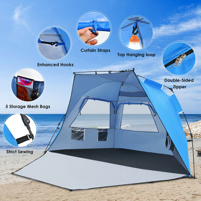 3-4 Person Easy Pop-Up Beach Tent UPF 50+ Portable Sun Shelter--Blue