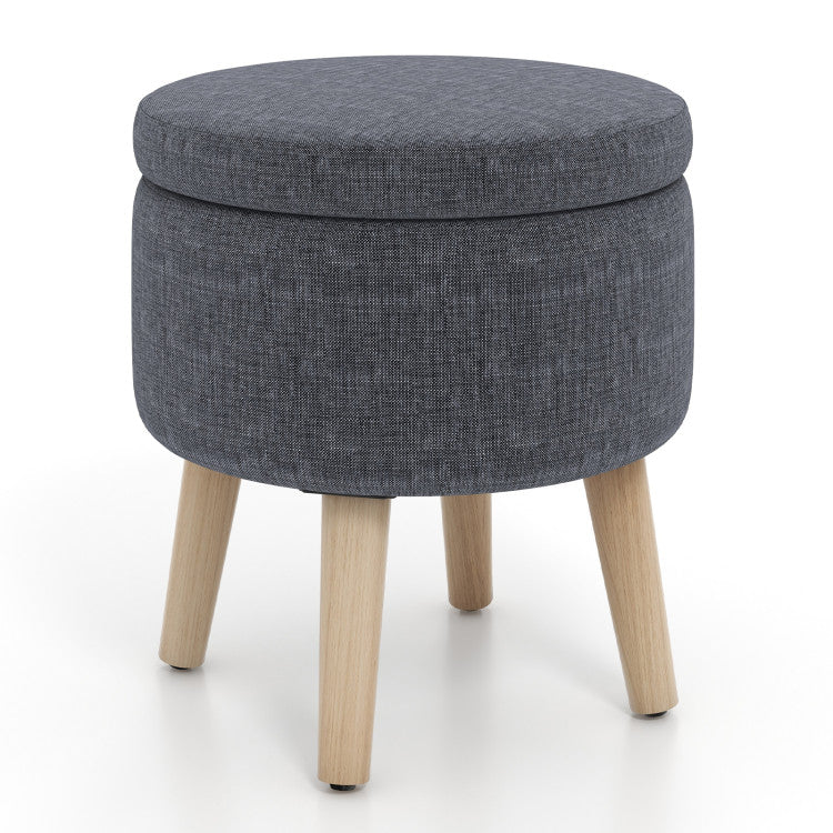 Round Storage Ottoman with Rubber Wood Legs and Adjustable Foot Pads--Gray