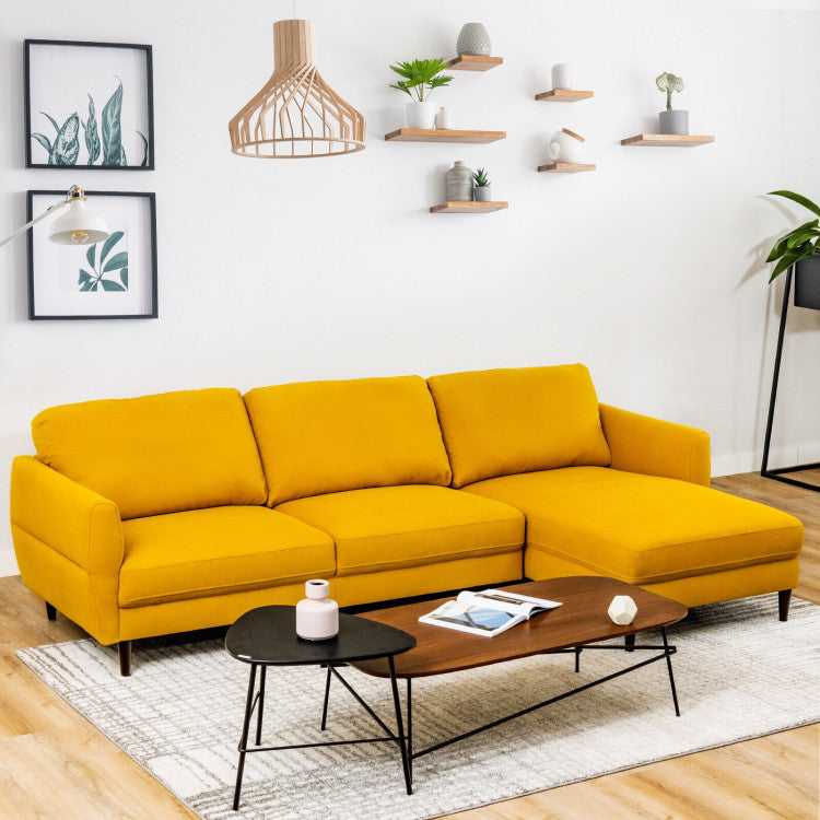 L-Shaped Fabric Sectional Sofa with Chaise Lounge and Solid Wood Legs--Yellow