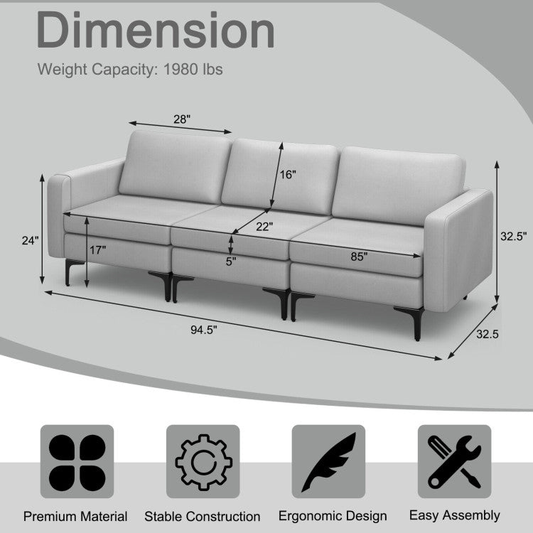 3-Seat Sectional Sofa Couch with Armrest Magazine Pocket and Metal Leg--Light Gray