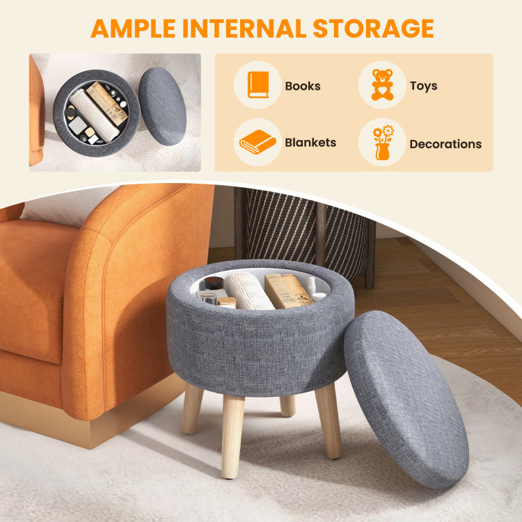 Round Storage Ottoman with Rubber Wood Legs and Adjustable Foot Pads--Gray