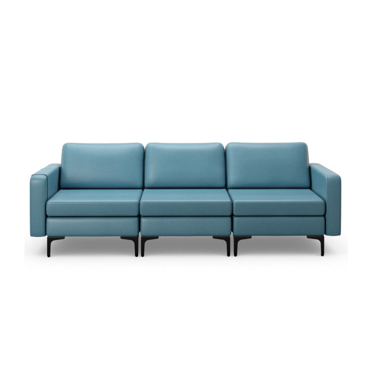 3-Seat Sectional Sofa Couch with Armrest Magazine Pocket and Metal Leg--Blue