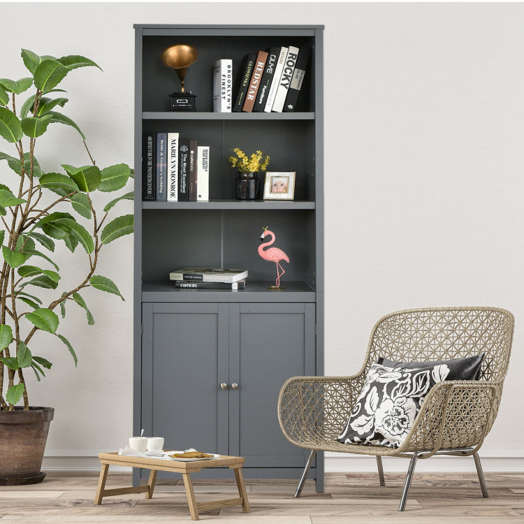 Standing Wooden Bookcase with  3 Tier Open Book Shelving and Double Doors