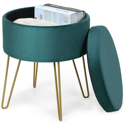 Round Velvet Storage Ottoman Footrest Stool Vanity Chair with Metal Legs--Dark Green