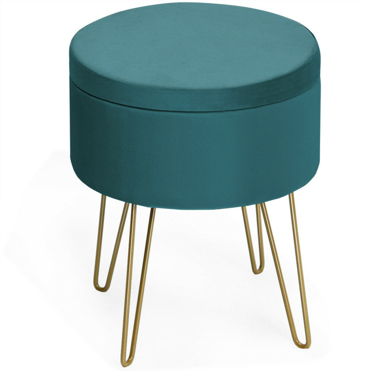 Round Velvet Storage Ottoman Footrest Stool Vanity Chair with Metal Legs--Dark Green