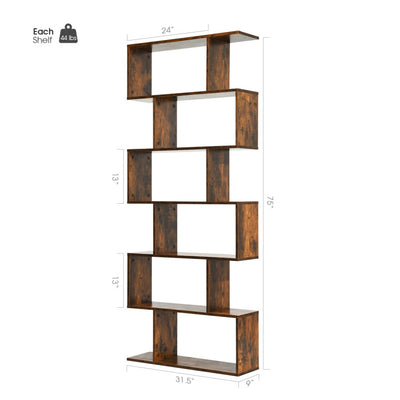 6 Tier S-Shaped Bookshelf Storage Display Bookcase Decor Z-Shelf