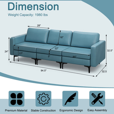 3-Seat Sectional Sofa Couch with Armrest Magazine Pocket and Metal Leg--Blue